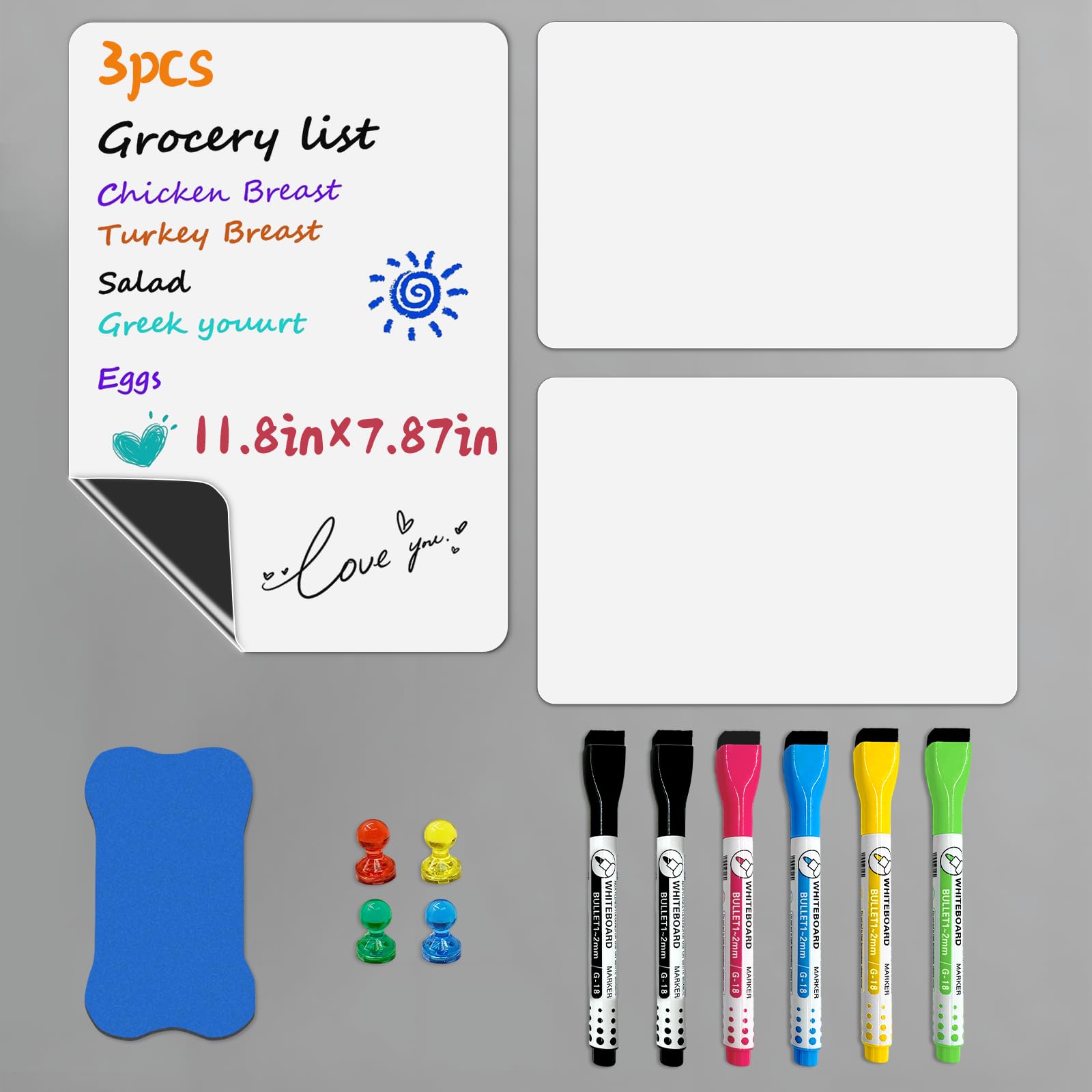 Kinoco Magnetic Dry Erase Whiteboard Sheet for Refrigerator (29.7x21cm) - Includes 3 Whiteboards, 6Markers, 4 Magnetic Pins 1 Eraser - Stain-Resistant Fridge Board for Notes, Planning & Organization