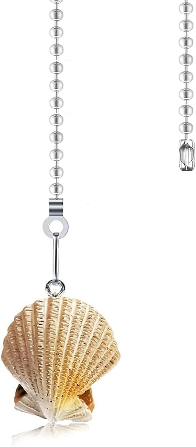 Ceiling Fan Pull Chain Extender with Seashell Charm, 12 Inch Ocean Theme Decorative Pull Chains for Ceiling Fans and Lights, Ball Chain Connector Included