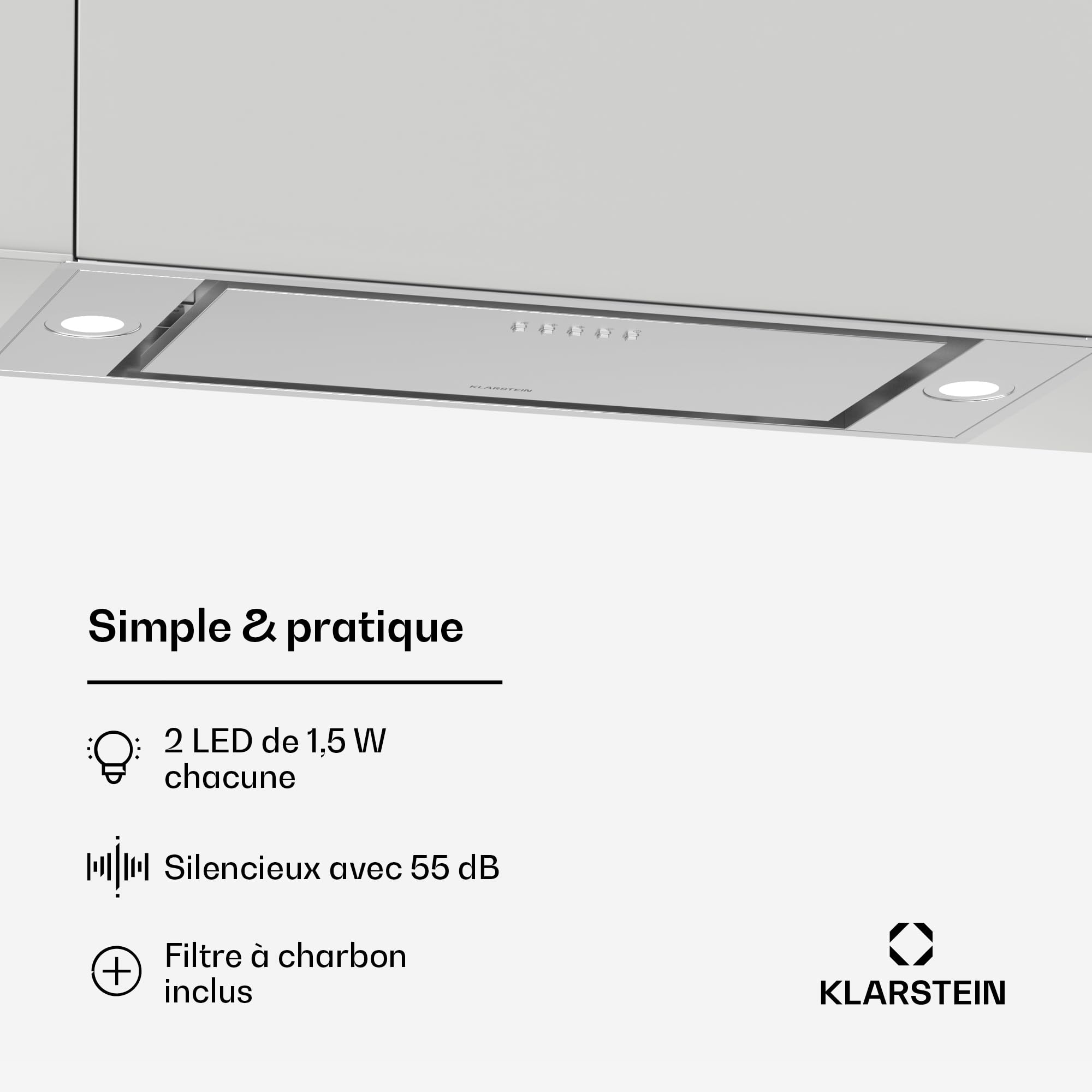 Klarstein TurboMax Hotte Aspirante, 75cm Hotte Cuisine Intégrée, 380 m³/h Débit d'Air, Énergie A+, LED, Filtre à Charbon & Aluminium, 3 Vitesses, Design Discret