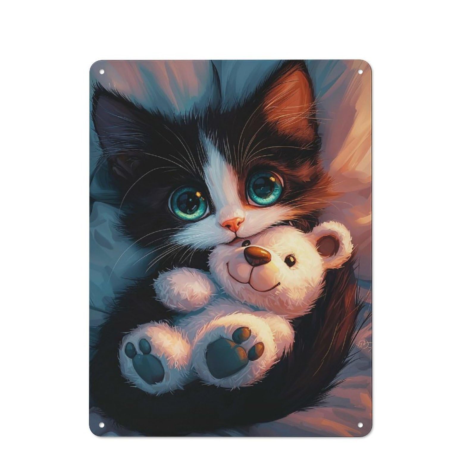 Junmoney Style Tin Wall Plaque 40X30cm With Cute Kitten With Teddy Bear For Workshop Wall, Housewarming Wall Decor For People Furnishing Workshop