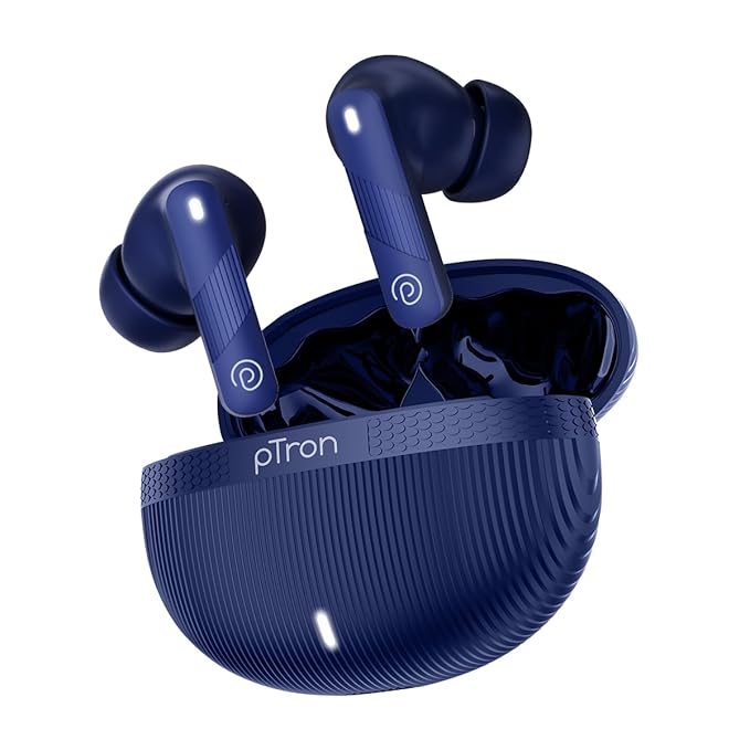 pTron Bassbuds Fury in-Ear TWS Earbuds with 13mm Drivers, 50Hrs Playtime, AI-ENC Clear Calls, Bluetooth V5.4 Wireless Headphones, Voice Assistant, Type C Charging & IPX5 Water Resistant (Blue)