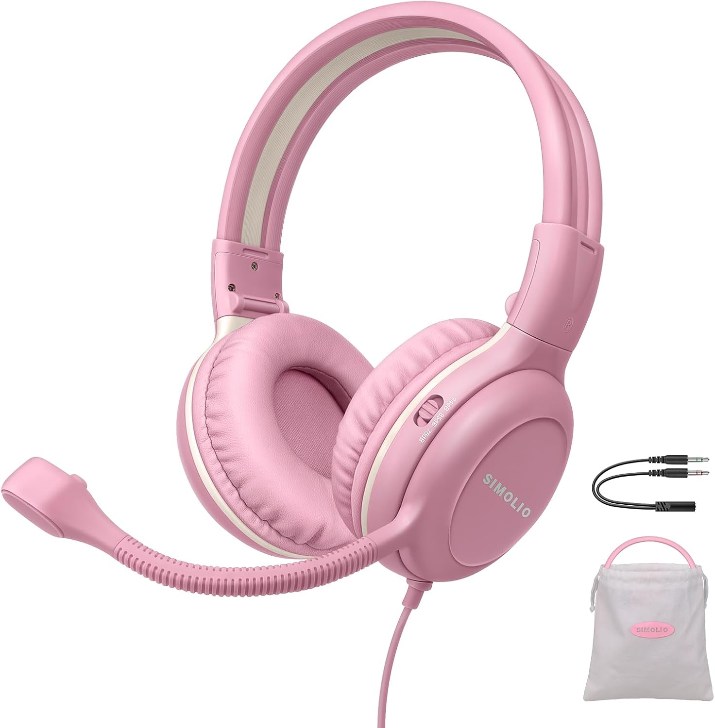 SIMOLIO Kids-Headphones with Microphone for School, 75/85/94 dB Wired Headphones with Boom Mic for iPad, PC, Laptop, Gaming, On Ear Pink Stereo Corded Headsets for Girls, Children, Teens, Students Ballet Pink