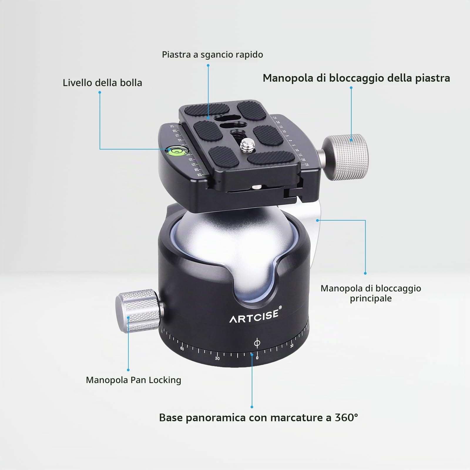 Testa a sfera a profilo basso ARTCISE, testa panoramica per treppiede in metallo da 56 mm compatibile con piastra a sgancio rapido Arca 1/4" per treppiede o monopiede, capacità di carico: 40 kg