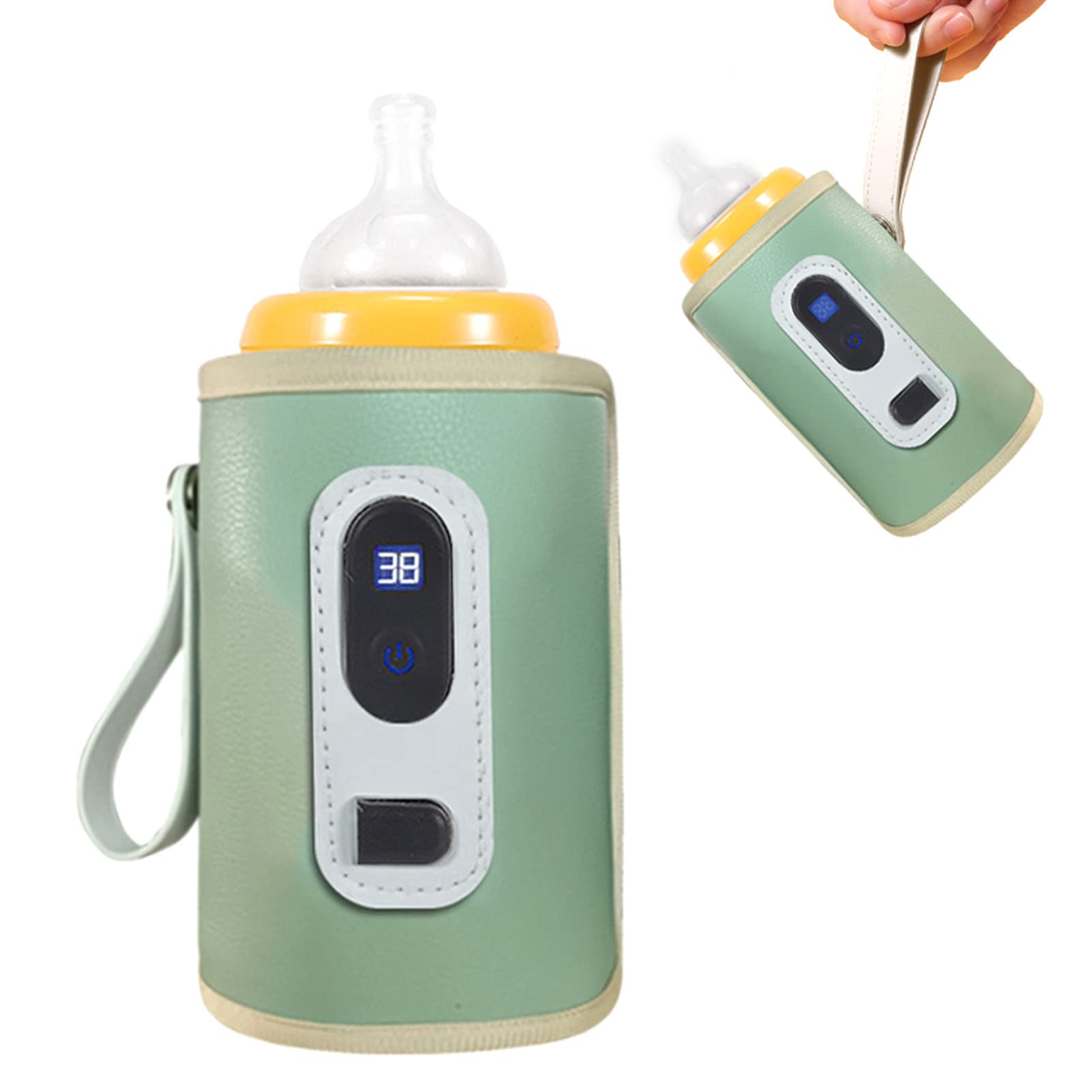AYNEFY USB Baby Bottle Warmer, LCD Screen Temperature Adjustable Portable Milk Bottle Heater, for Travel, Plane, Car, Fiber Cloth, Model 001 (Green)