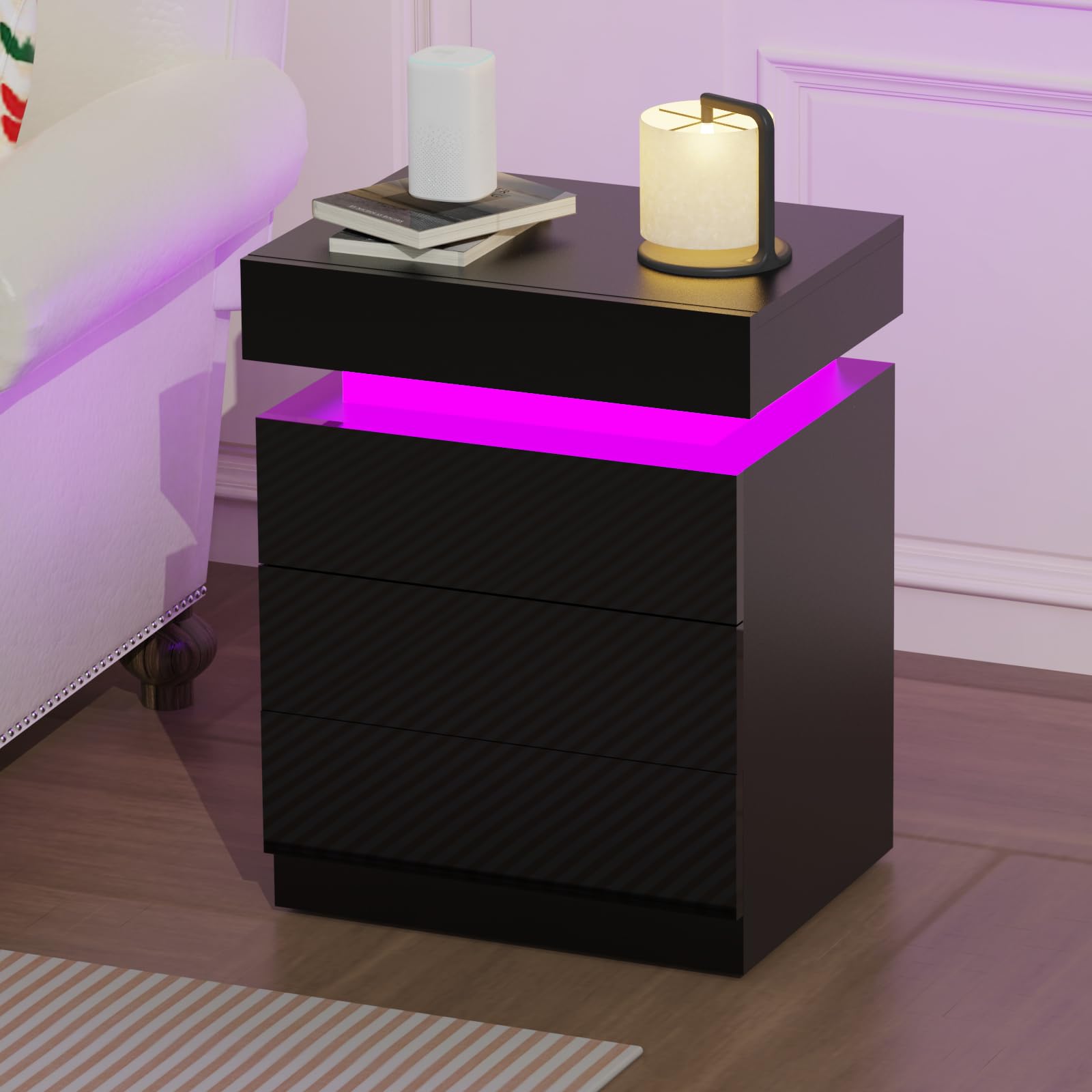 Set di 2 Comodino Camera da Letto con LED, Comodini Moderni con Patta Superiore a Giorno e Cassetto, Tavolino da Notte, Mobili Salvaspazio per Camera da Letto, Soggiorno, 45x35x61cm Comodino Nero