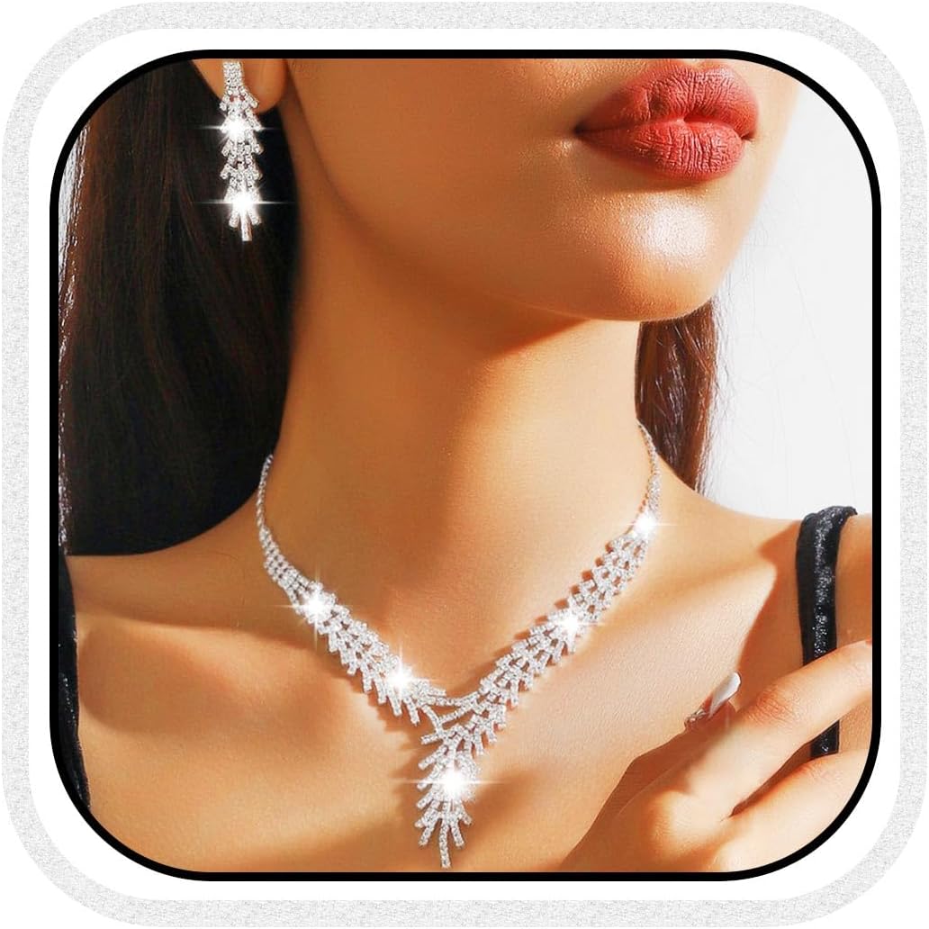 GORAIS Bridal Formal Jewelry Sets Rhinestone Wedding Necklace Earrings Set Crystal Prom Costume Jewelry for Women and Brides