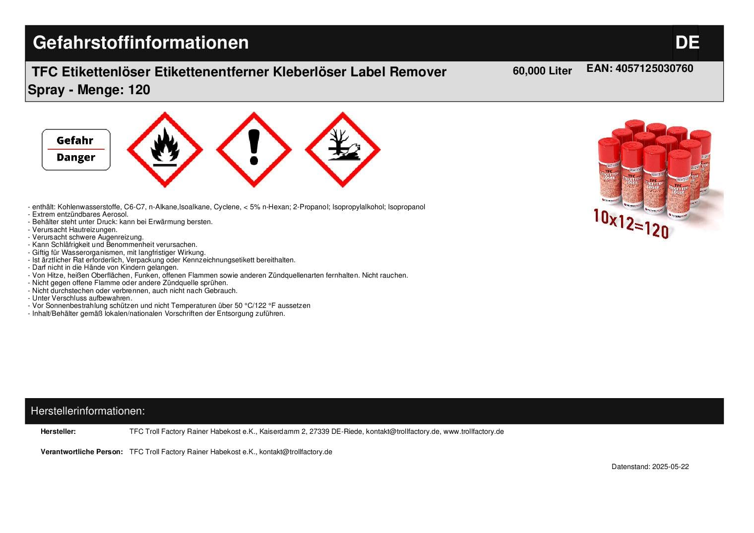 TFC - Sgrassatore per etichette, rimuovi colla e adesivi per rimuovere la colla e l'adesivo, 120 x 500 ml