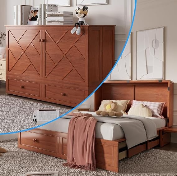 PUREMIND 2-in-1 Multi-Functional Queen Murphy Bed with Mattress, Murphy Bed Cabinet Built-in Charging Station & Storage Drawer & Bedside Panel, Space-Saving Foldable Hideaway Beds for Guest Room