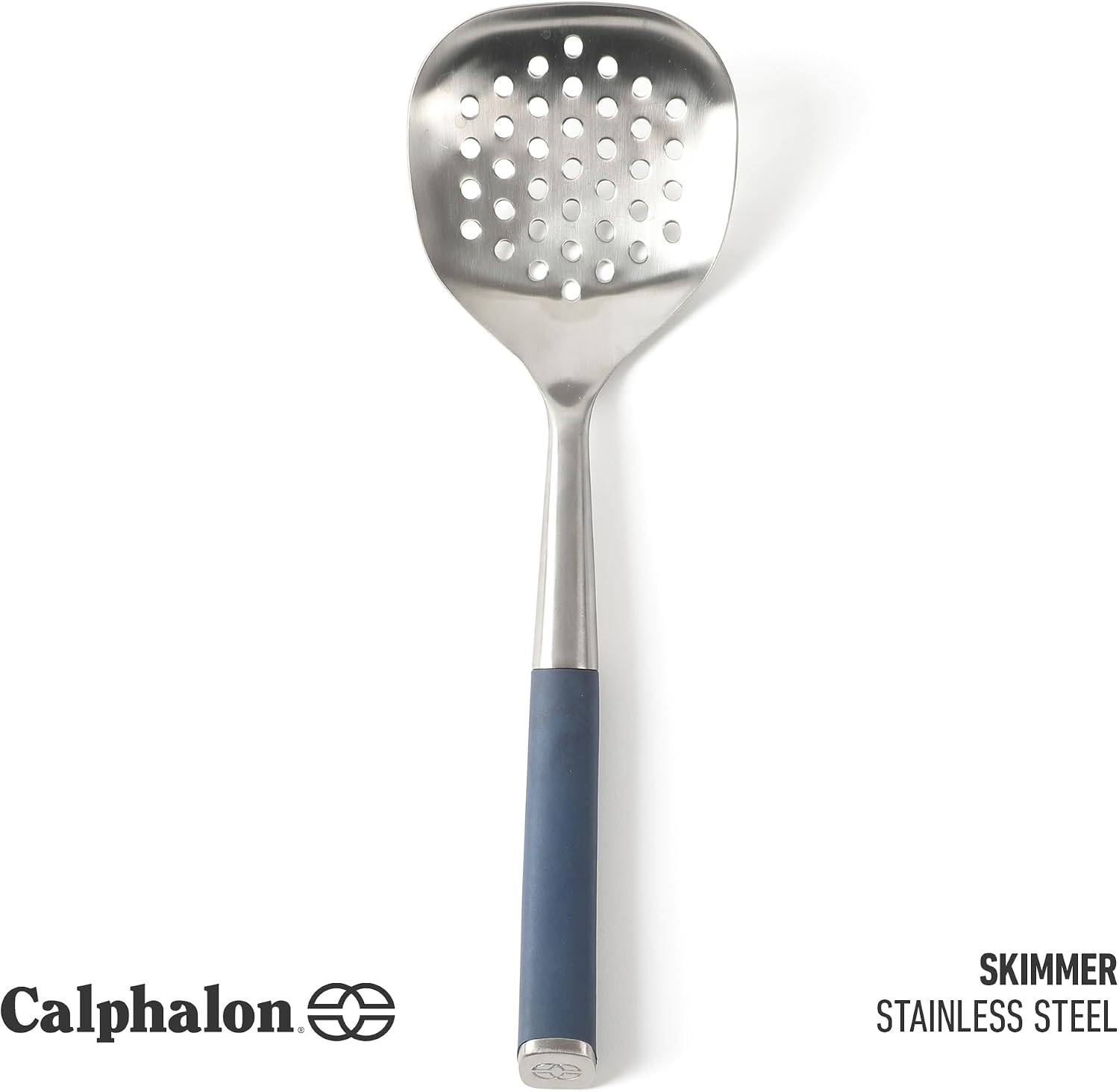 Calphalon Edge Stainless Steel Slotted Spoon/Skimmer, Kitchen Strainer Spoon, Skimmer with Silicone Heat Resistance Handle, Slotted Cooking Tool for Draining and Skimming (Blue)