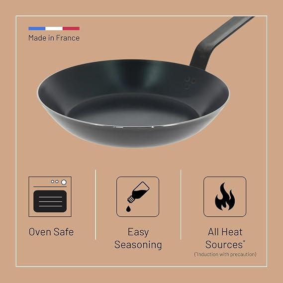 de Buyer - Blue Carbon Steel Fry Pan 2mm Thick - 9.5 Diameter, 6.9 Cooking Surface - Oven Safe - Naturally Non-Stick Finish - Made in France