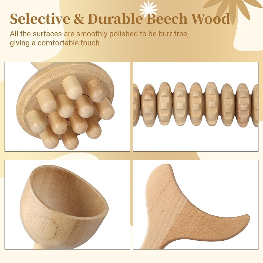 Kit de masaje de madera con maderoterapia, 4 herramientas para contornear, drenaje linfático, alivio muscular, incluye taza, rodillo y masajeador de hongos