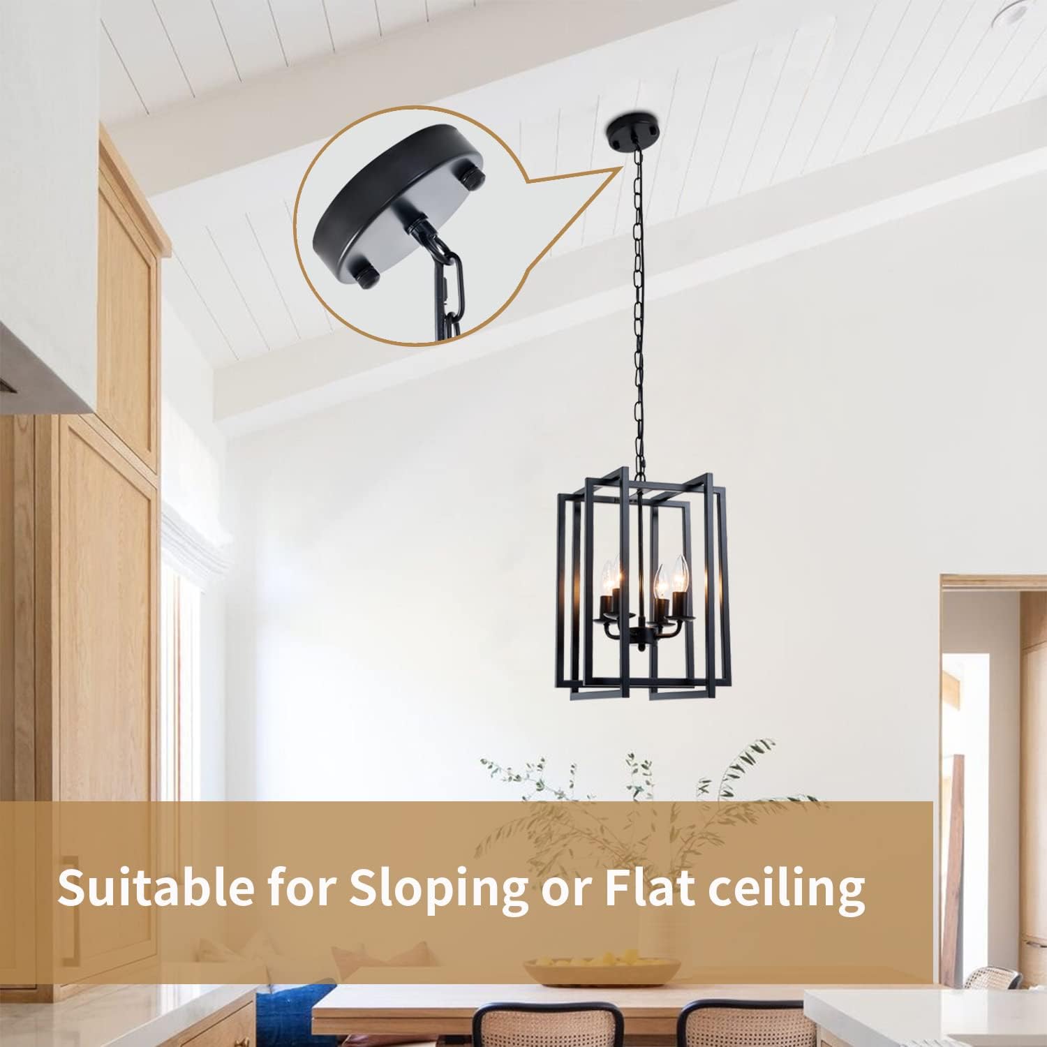Farmhouse Lantern Chandelier Light Fixture Black, 4-Light Rustic Industrial Pendant Lighting, Adjustable Height Modern Square Cage Hanging Lights for Hallway Kitchen Island Living Room Bedroom