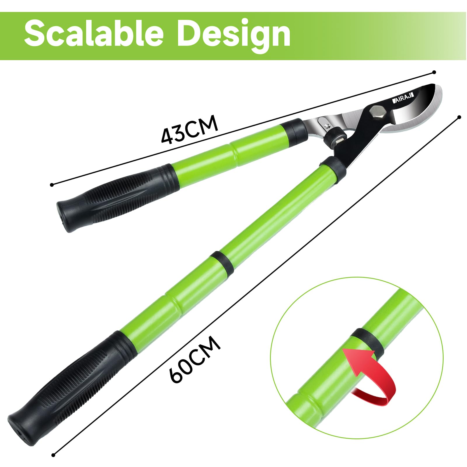 AIRAJ Troncarami Telescopico 43-60 cm – Lama Acciaio SK5 Alto Carbonio, Taglio 3,5 cm – Cesoie Bypass Professionale, per Rami Secchi/Umidi, Arbusti, Alberi | Giardinaggio e Potatura