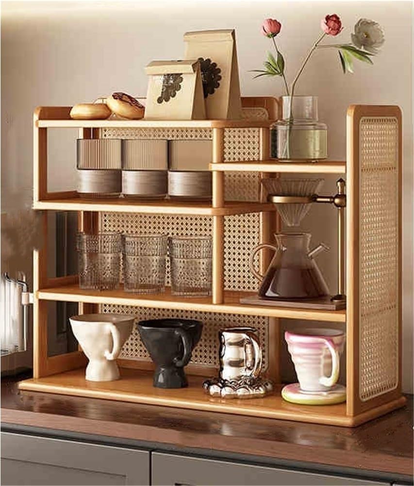 Multi-Layer Rattan Coffee Mug Display Rack, Bamboo Tea Cup Holder, Wood Storage Cabinet for Living Room or Kitchen