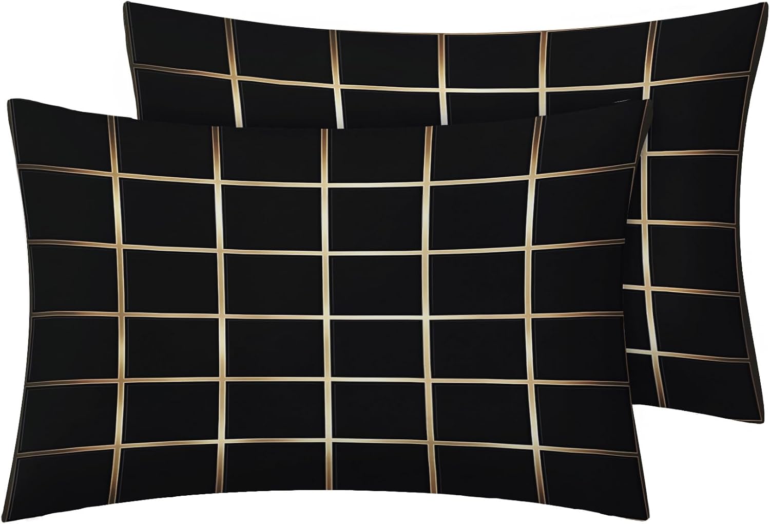 Windowpane Pillowcase for Room Decor & Gift, Black and Gold Checkered Pillow Cases Queen Size Set of 2, Checkerboard Geometric Printed Bed Pillow Covers with Zipper, Cozy Microfiber