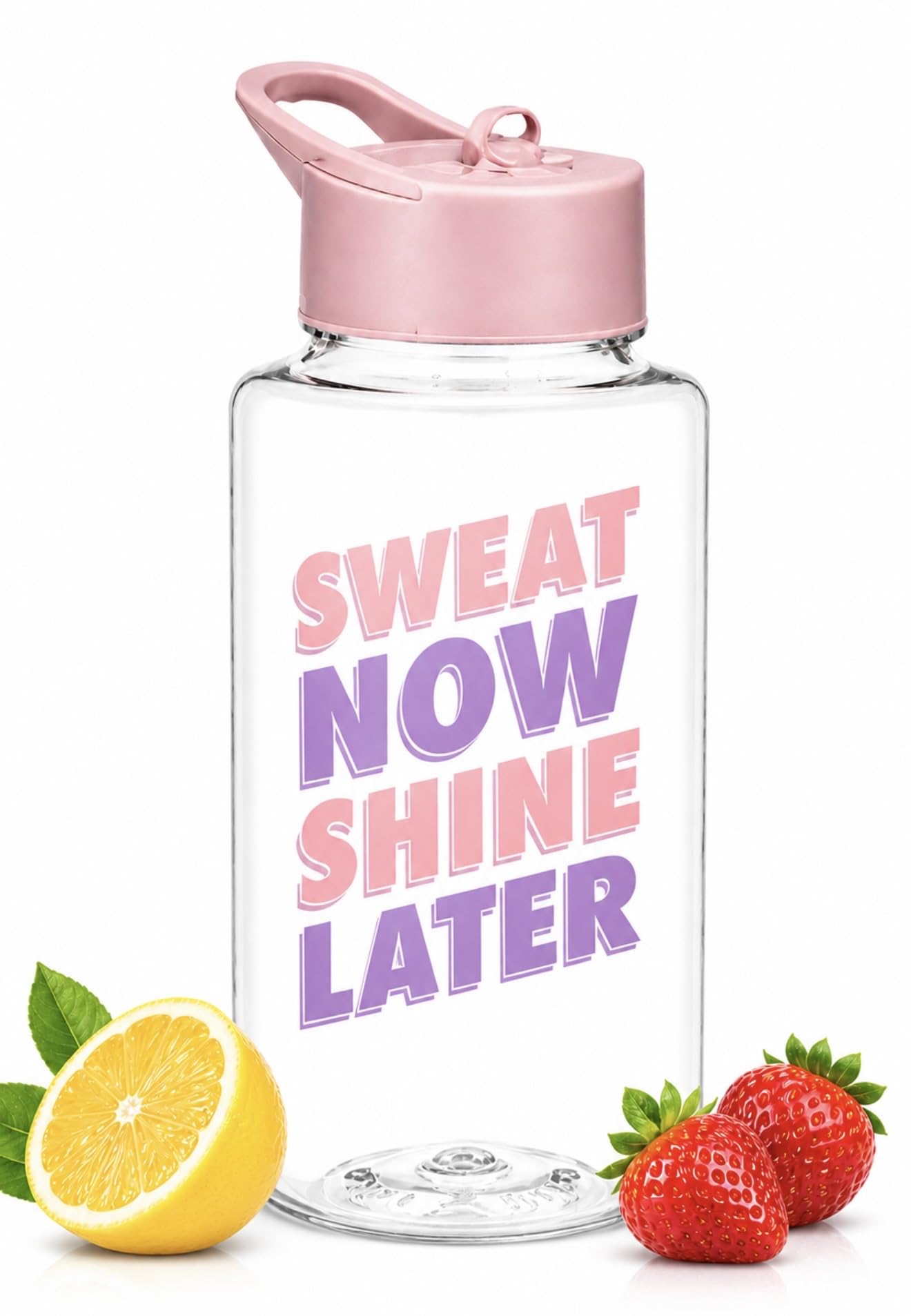 Sports Water Bottle with Pink Flip Lid, 'Sweat Now Shine Later', 1.0 L, Wide Mouth, Gym