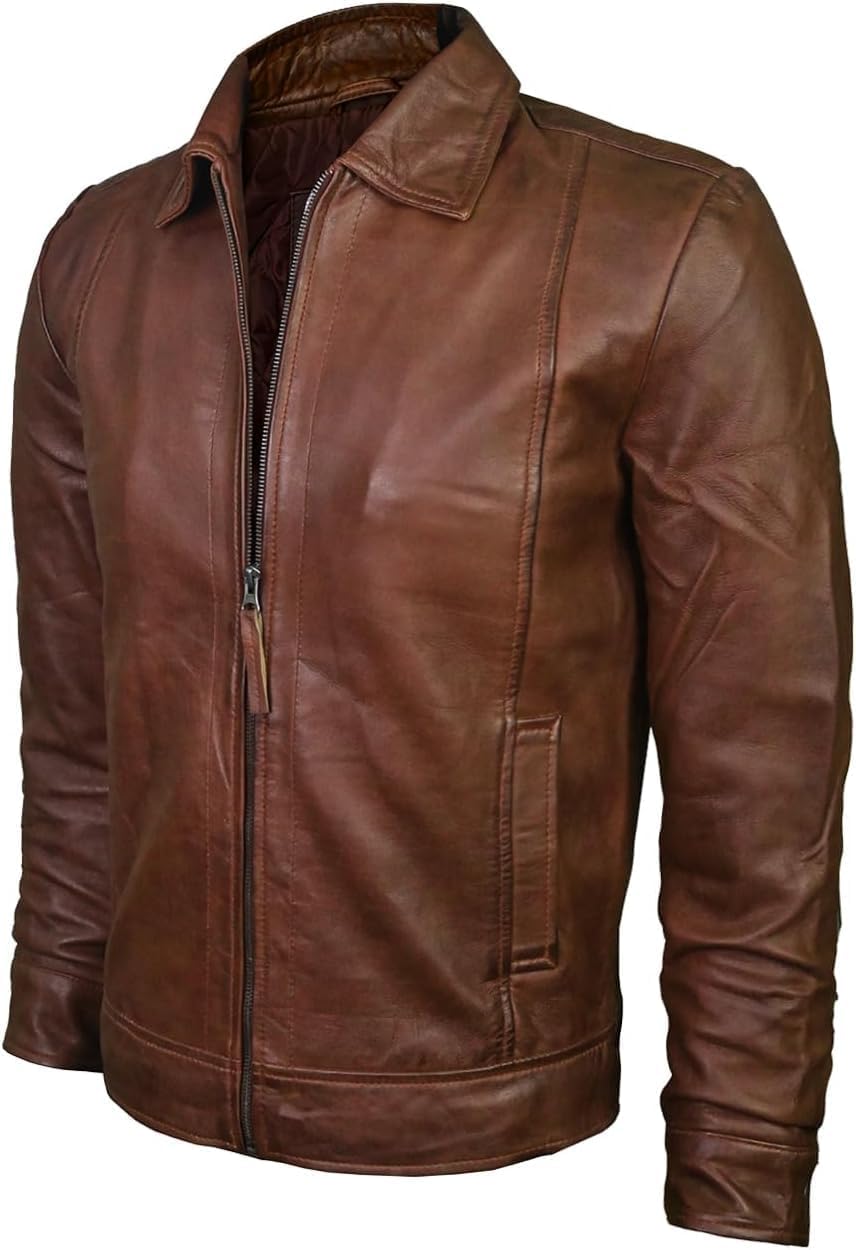 Mens Leather Jacket - Real Lambskin Classic Vintage Style Leather Jackets For Men Brown Leather Jacket for Mens