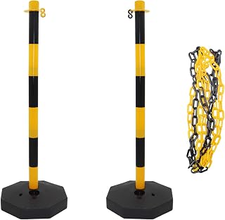 2pcs Safety Barrierl with Chains,35'' PE Parking Barrier for Driveway,Traffic Barrier Construction Sites Or Traffic Delineator Poles, Assemble Portable Stanchion with Fillable Base (Yello and Black)