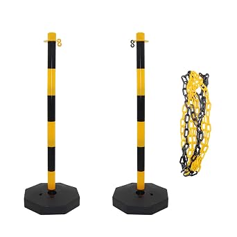 2pcs Safety Barrierl with Chains,35 PE Parking Barrier for Driveway,Traffic Barrier Construction Sites Or Traffic Delineator Poles, Assemble Portable Stanchion with Fillable Base Yello and Black
