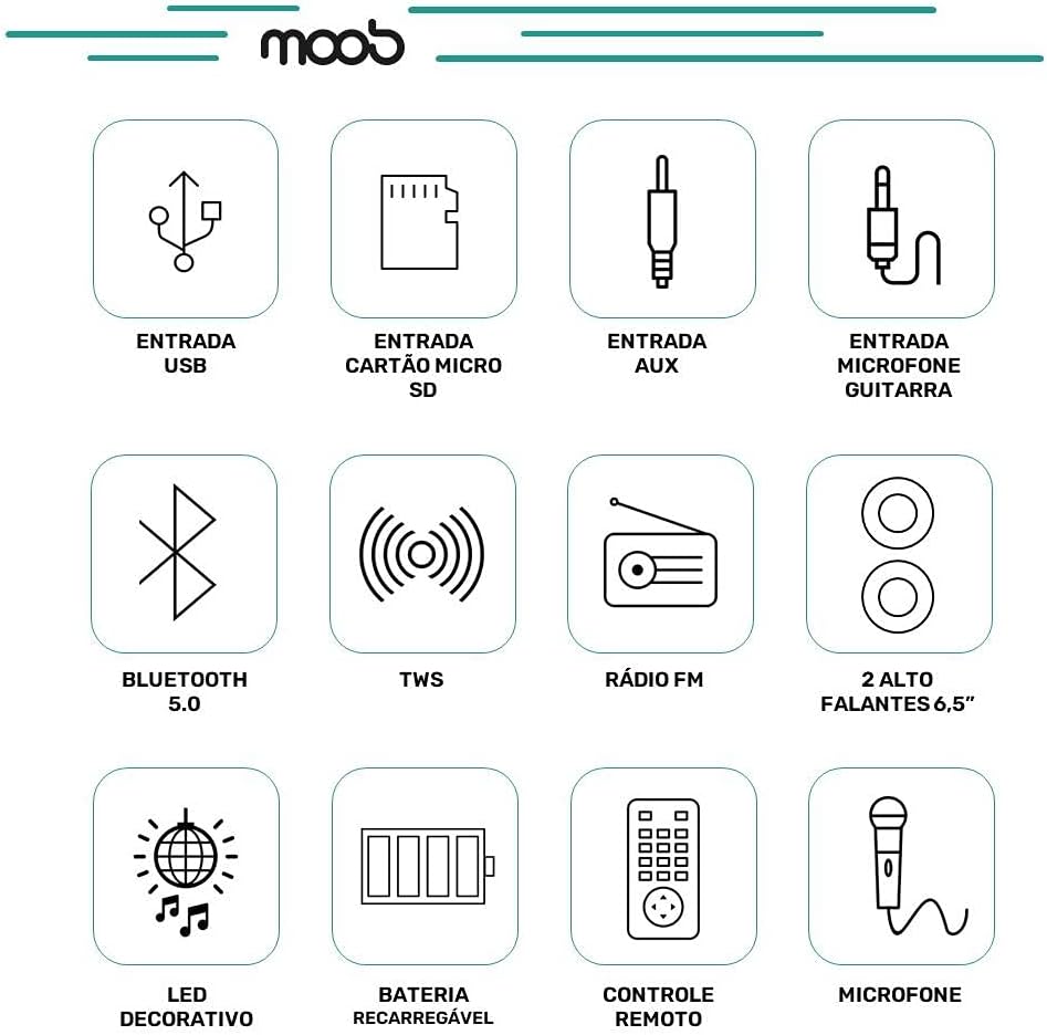 Moob Caixa de Som 400W Urban Com Dois Alto Falantes de 6,5" PMPO Iluminação em LED Bluetooth TWS