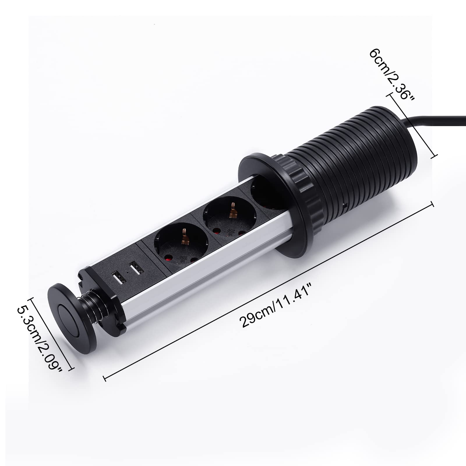 2 Stück 3 Fach Versenkbare Steckdose mit USB, Einbausteckdose Ø60 mm | Mit Überspannungsschutz, Kindersicherung und 1,8 m Kabel für Arbeitsplatte, Schreibtisch und Küche