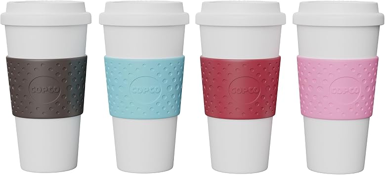 Copco Acadia Travel Mug 4-Pack, 16oz Insulated Coffee Mug with Double-Walled Plastic, Secure Lid - Microwave & Dishwasher Safe, Non-Slip Sleeve, Hot & Cold Drinks - Bright Colors