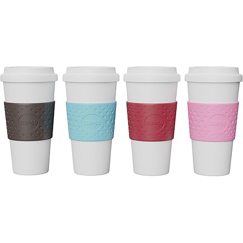 Copco Acadia Travel Mug (4-Pack), 16oz Insulated Coffee Mug with Double-Walled Plastic, Leak-Proof Lid - Microwave & Dishwasher Safe, Non-Slip Sleeve, Hot & Cold Drinks - Bright Colors