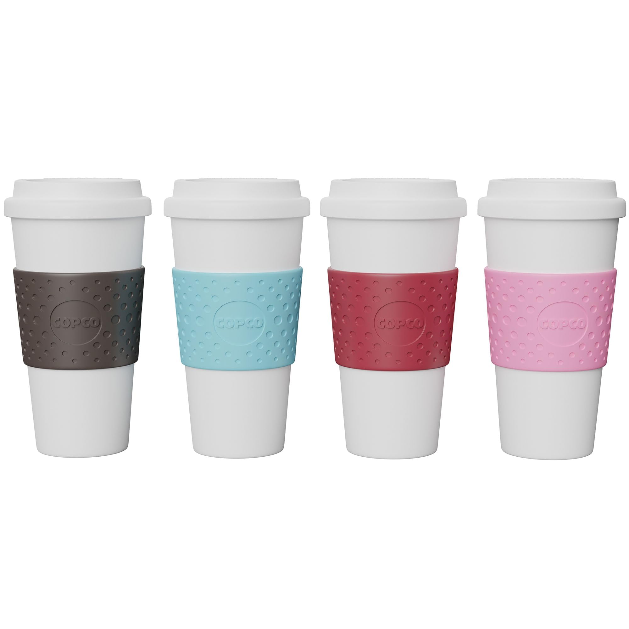Copco Acadia Travel Mug (4-Pack), 16oz Insulated Coffee Mug with Double-Walled Plastic, Leak-Proof Lid - Microwave & Dishwasher Safe, Non-Slip Sleeve, Hot & Cold Drinks - Bright Colors