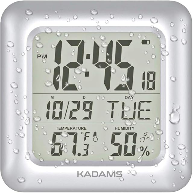 KADAMS Large Digital Bathroom Shower Wall Clock, Waterproof for Water Spray, Temperature Humidity, Moisture Proof, Water Resistant, Calendar Month Date Day, Suction Cups Hole Stand Rope Clock - Silver
