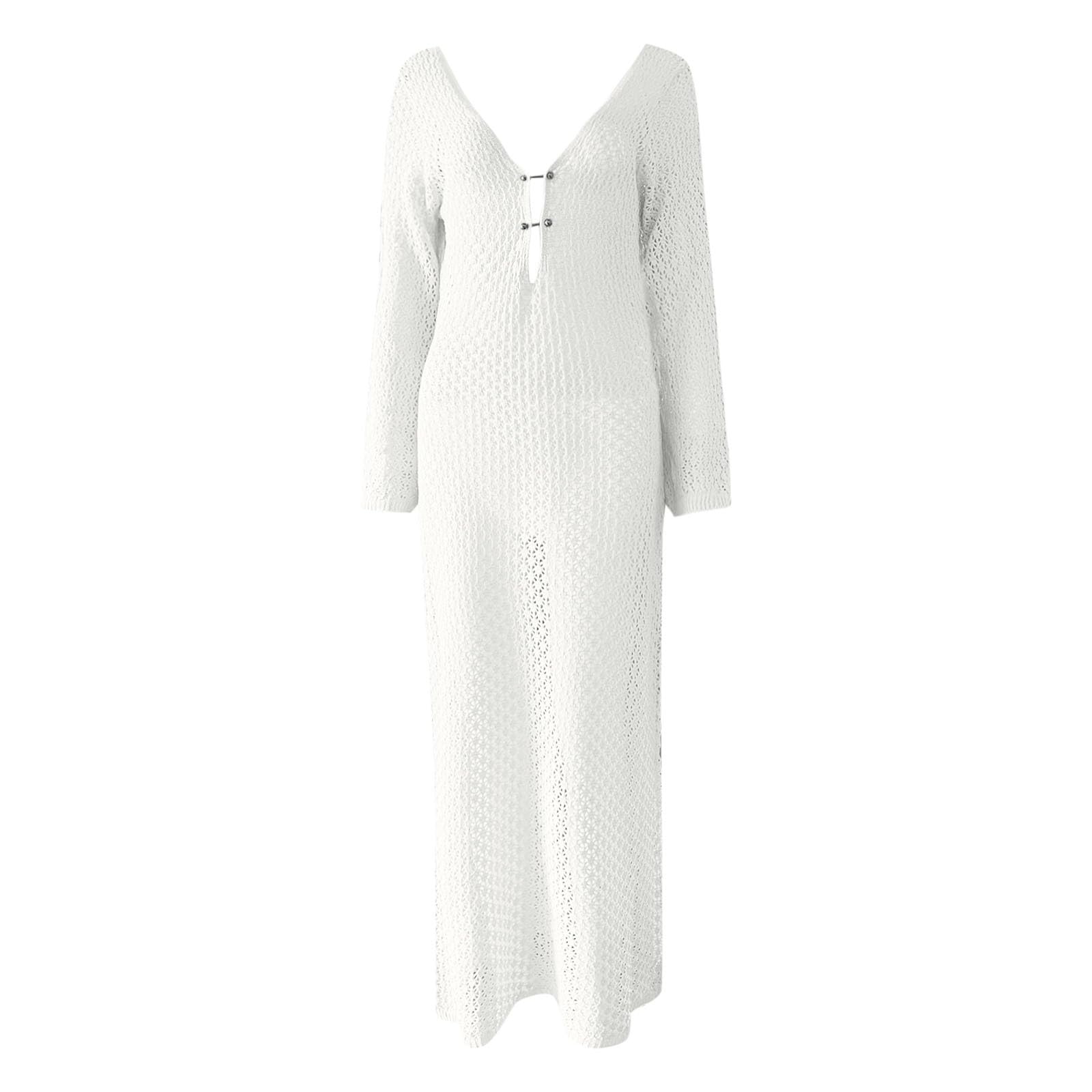 Maxi abito da donna all'uncinetto, da spiaggia, nuoto, vacanze, maniche lunghe, sexy, aderente, estivo, lavorato a maglia