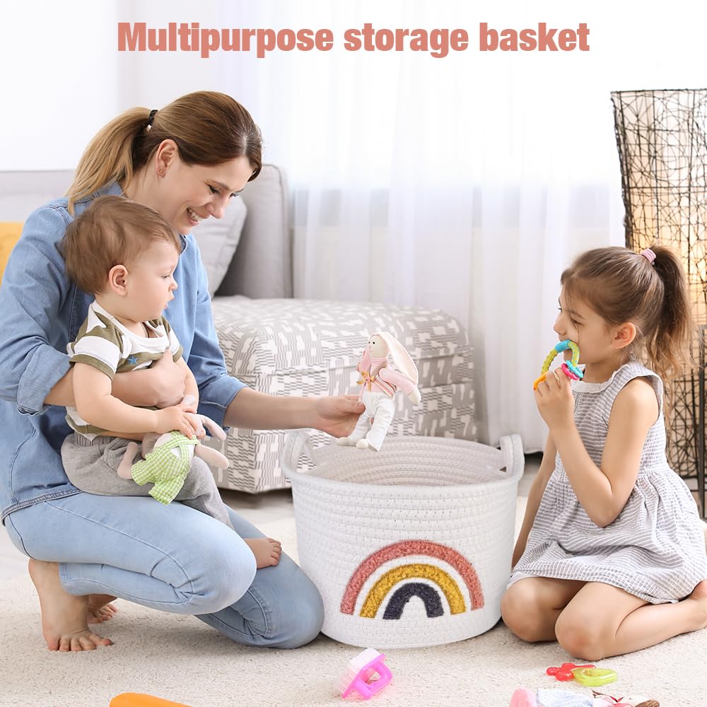 HNYQQL Katoenen touw geweven opbergmand, gebruikt voor babymand speelgoed organizer, geschenkmanden, leeg, kinderwasmand, babydeken mand, maat 38 x 25 x 22 cm (Regenboog