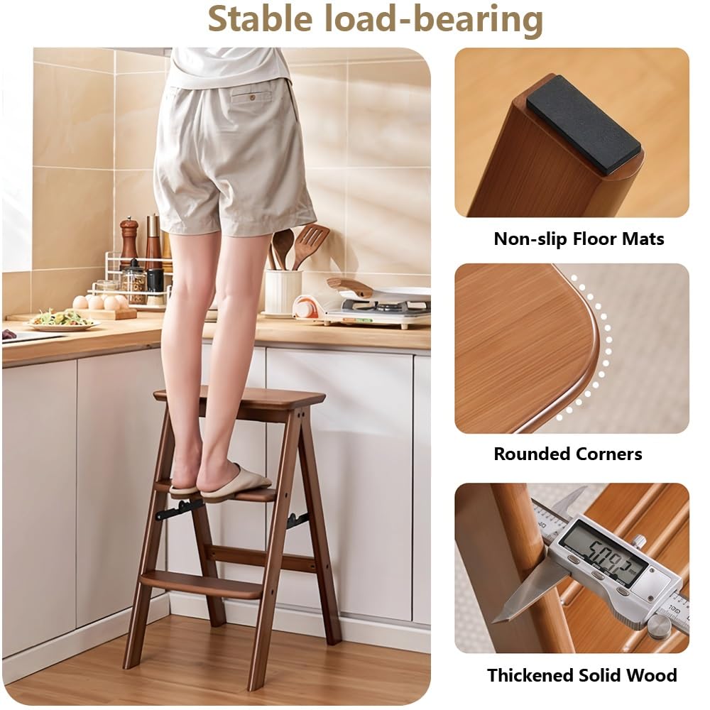 Folding Step Stool Chair, Solid Wood 3-Step Ladder with Seat