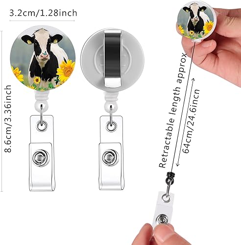 Miniatura 6 de Paquete de 15 carretes retráctiles con estampado de tortuga cerdo y vaca, soporte para tarjetas de identificación, clip retráctil, divertido carrete