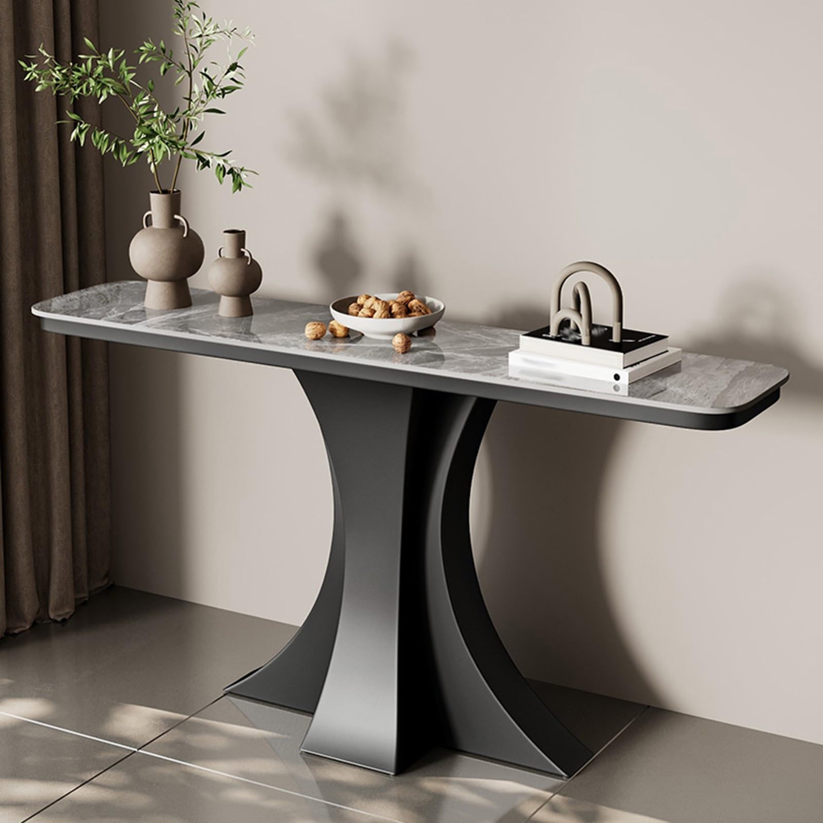 Mesa consola de piedra sinterizada y base de metal moderna para salón 1