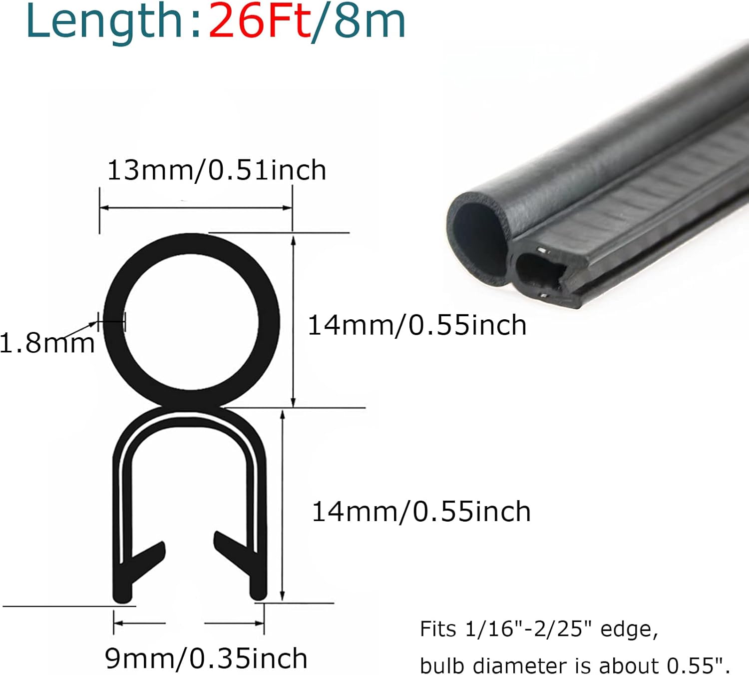 Car Door Rubber Seal Strip with Top Bulb(26Ft), Automotive Weather Stripping Soundproofing Edge Guard Trim for Cars, Trucks, Boats, and Home Applications
