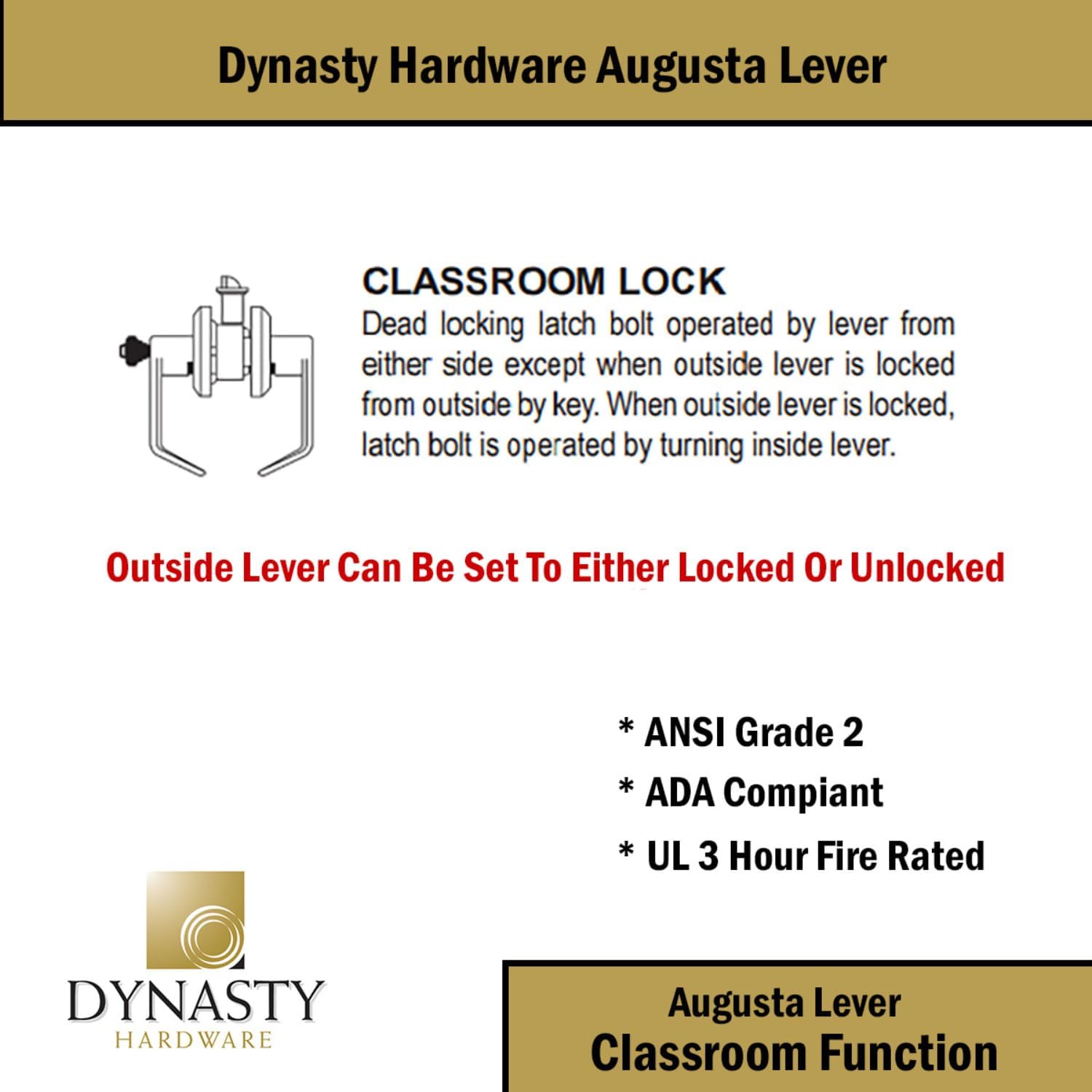 Dynasty Hardware Classroom Door Lock Keyed Lever Lockset, ADA Compliant, Grade 2 Heavy Duty Locking Handle for School, Classroom or Educational Facility, Flat Black Finish, Model AUG-03-US19