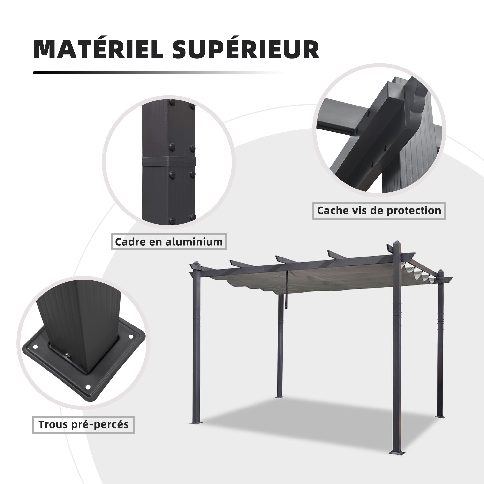 PURPLE LEAF Pergola Aluminium 3,65 x 3 m avec LED Toit Coulissant, Gris