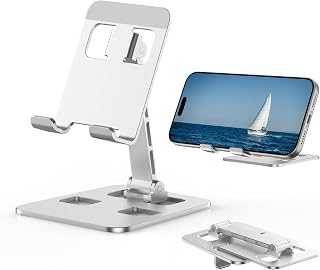 Foldable Aluminum Phone Stand, Multi-Angle Adjustable Desk Mount | Hands-Free Viewing, Silicone Pads Included, Charging Cutout, Compact & Portable, Universal Fit