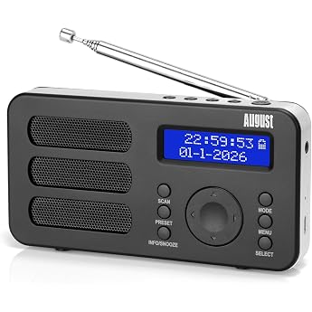 August MB225 Portable DAB+/FM Radio with Battery, Dual Alarm, Sleep Timer | Digital Radio with 40 Presets, Stereo/Mono, Headp
