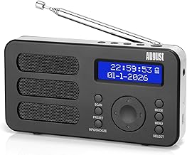 August MB225B Portable DAB/DAB+/FM Digital Radios – Rechargeable Small Radio with 40 Station Presets, RDS, Dual Alarm Clock with Snooze and Sleep Timer, 4 One-Touch Preset Buttons, Aux Out – Black