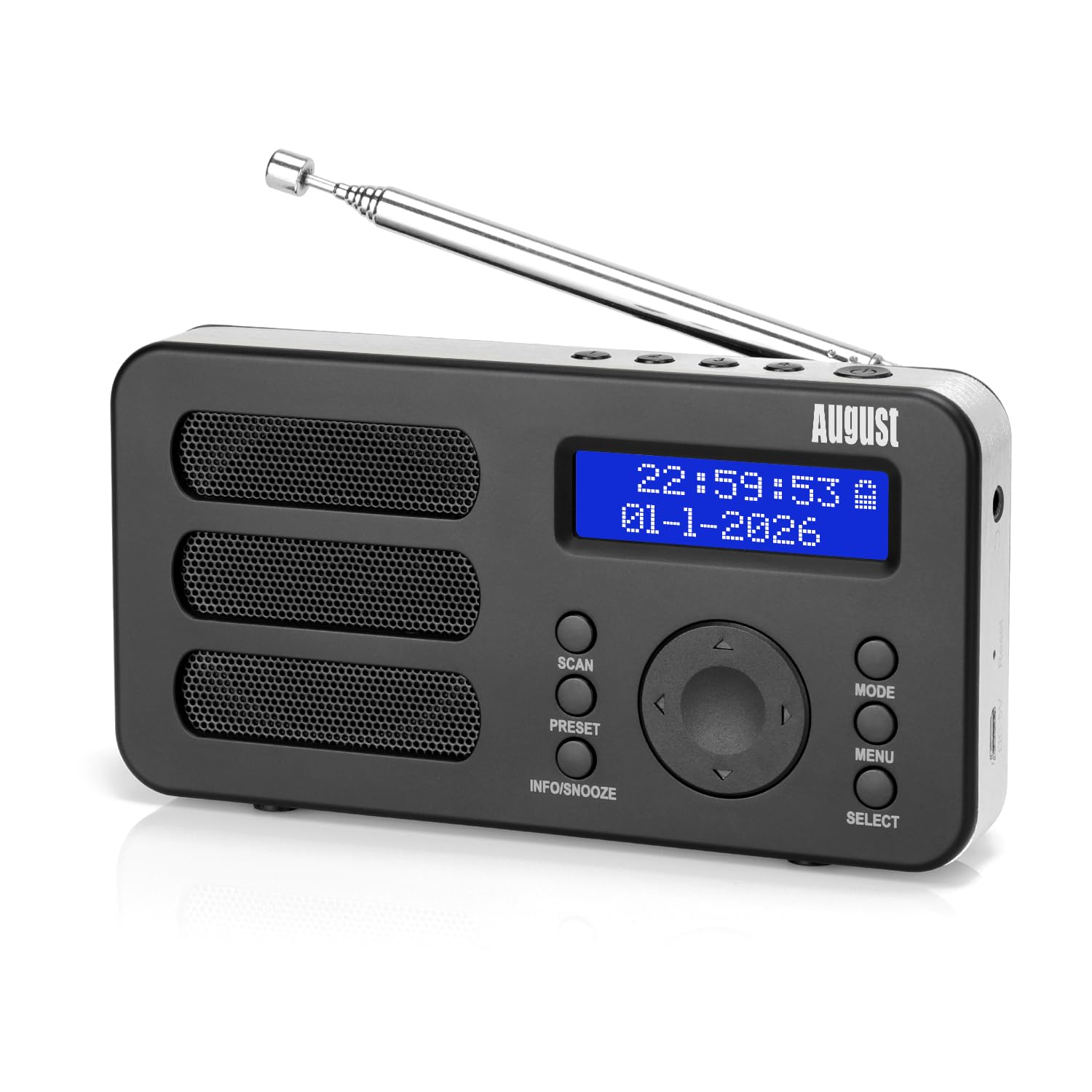 August MB225 Radio Portátil con Dab+/Dab/FM RDS, 40 Presets Radio, Digital Estéreo/Mono con Temporizador de Espera, Doble Alarma Snooze y Batería Recargable, Conexión de Audio fácil(Negro)
