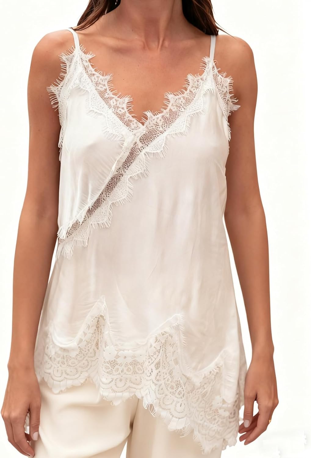 Womens Lace Trim Satin Long Camisole Y2k V Neck Sleeveless Spaghetti Strap Going Out Tank Top