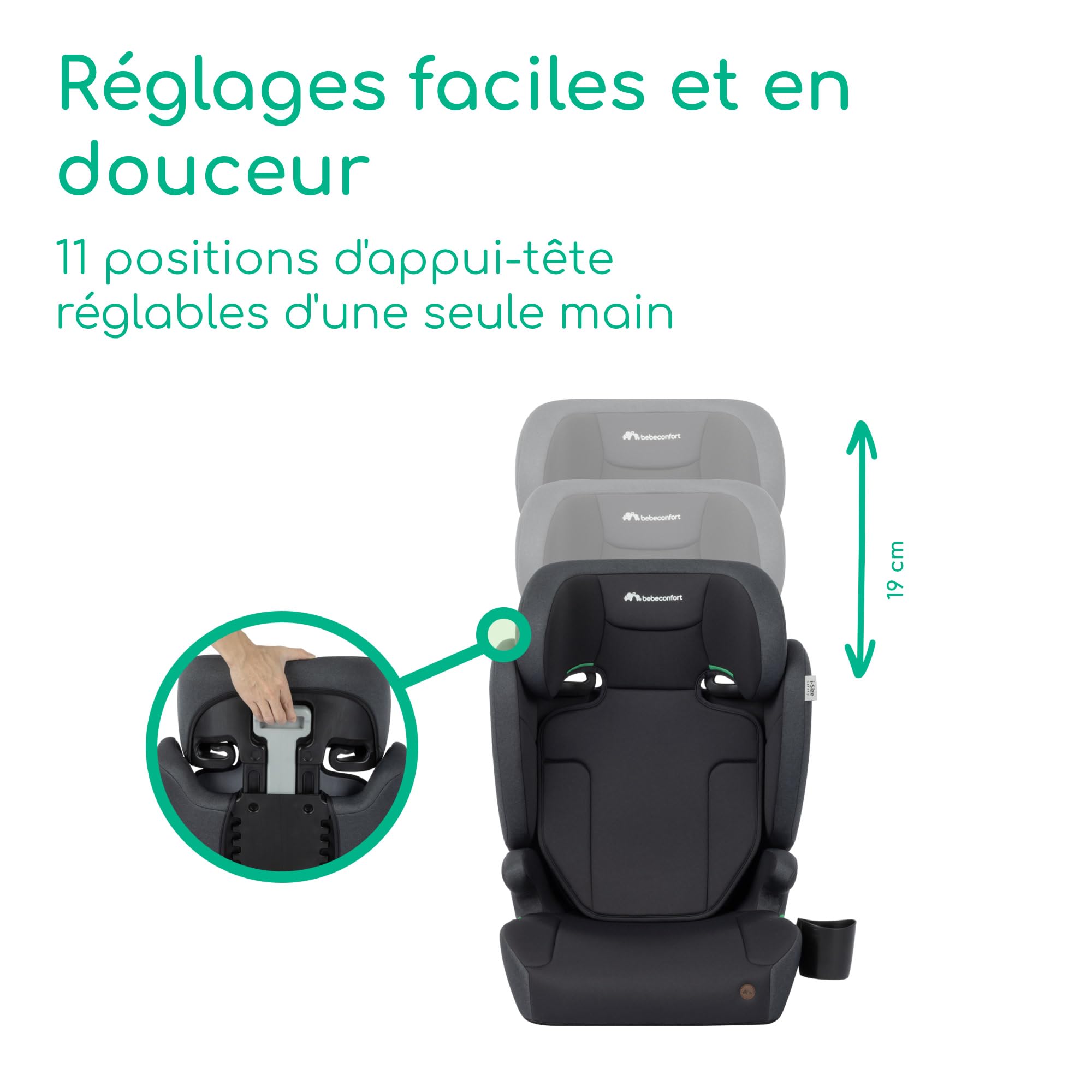 Bebeconfort Ride 2-in-1 i-Safe, Rehausseur Siège-auto Enfant, 3,5-12 ans (100-150 cm), Rehausseur Ceinturé, Dossier Amovible, Léger (3,4 kg), 11 Positions D'appui-tête, Porte-gobelet, Full Black