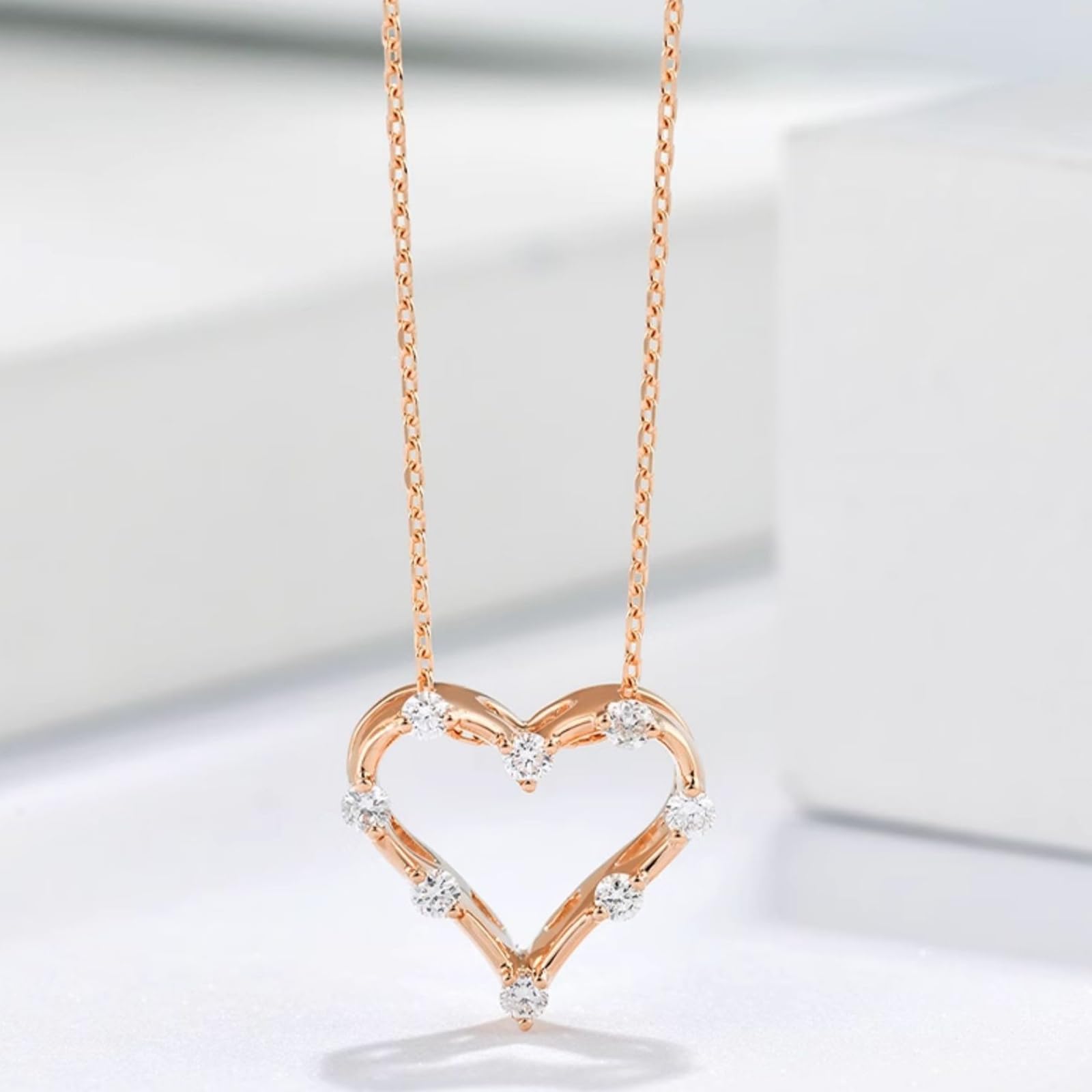 Collar de diamantes de oro rosa de 9 quilates, 14 quilates y 18 quilates, elegante colgante de corazón con diamantes naturales de 0,15 quilates, collar de oro real para ella