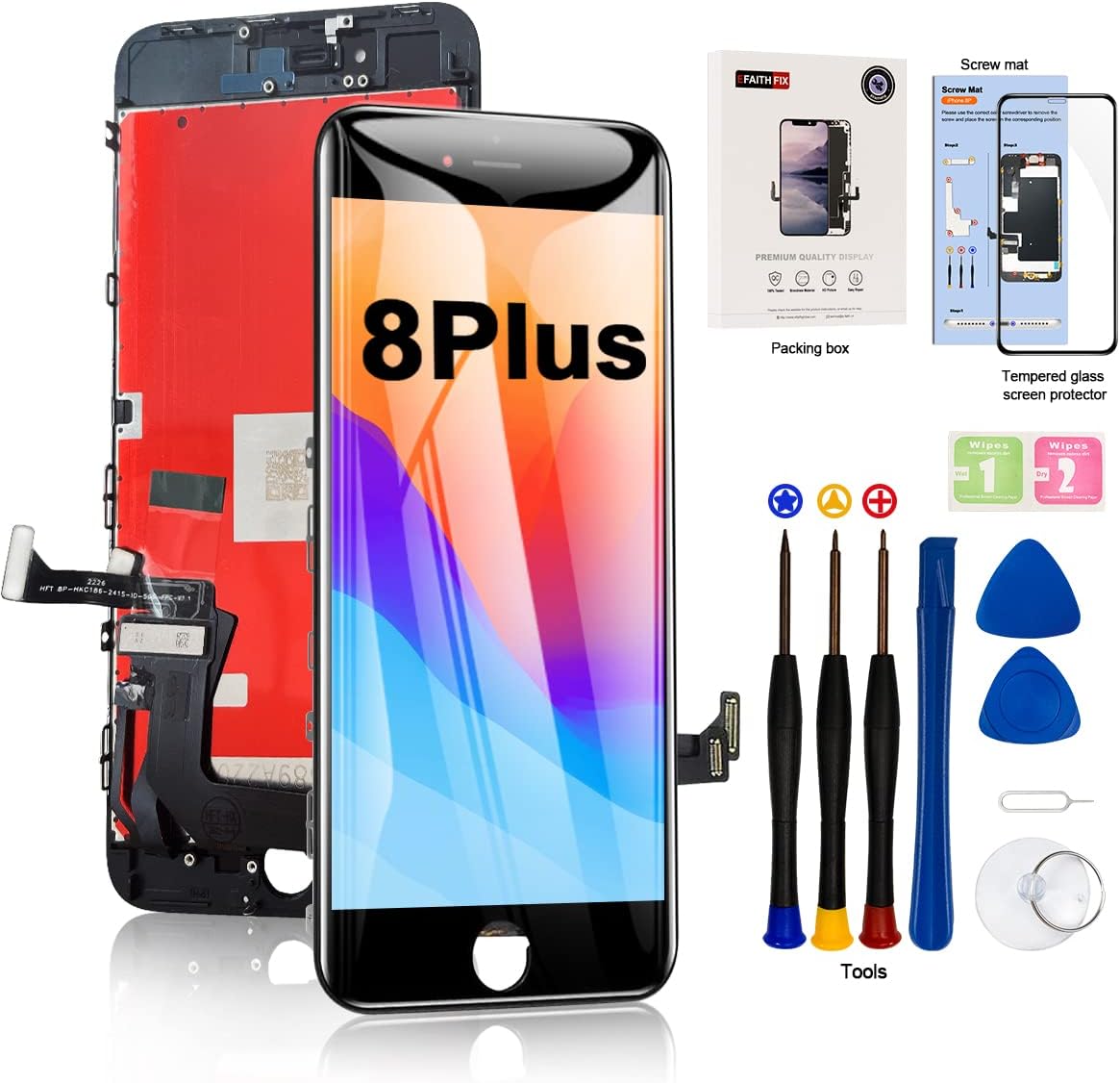 EFAITHFIX for iPhone 8 Plus LCD Screen Replacement Black 5.5 Inch Frame Assembly LCD Display 3D Touch Screen Digitizer with Repair Tools Kit Tempered Glass Screen Protector for A1864, A1897, A1898