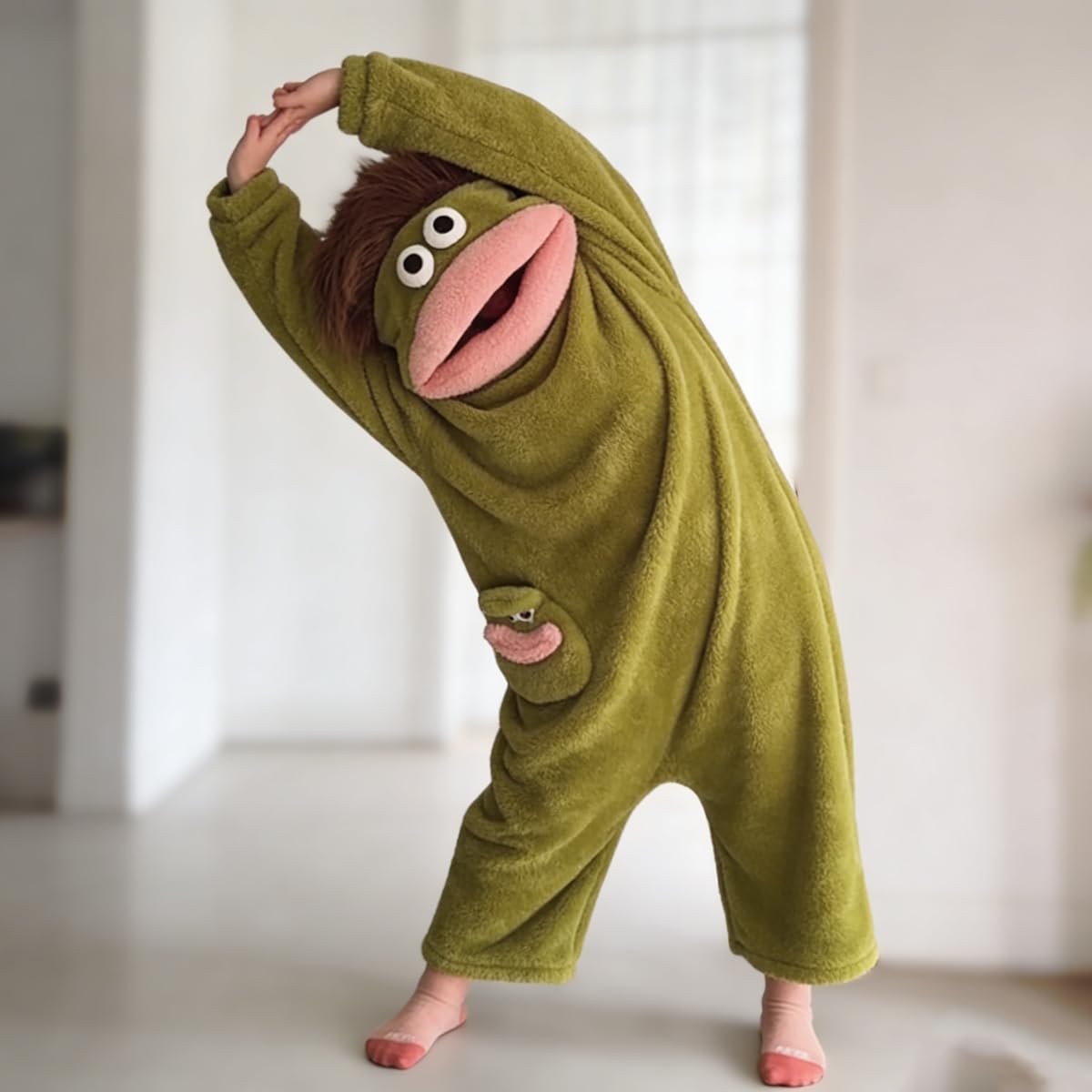 EHOTER Silly Combinaison pyjama unisexe à capuche en peluche ultra douce pour adulte - Vêtement d'intérieur vert - Monstre amusant à grande bouche - Vêtement d'intérieur pour soirées cinéma, famille