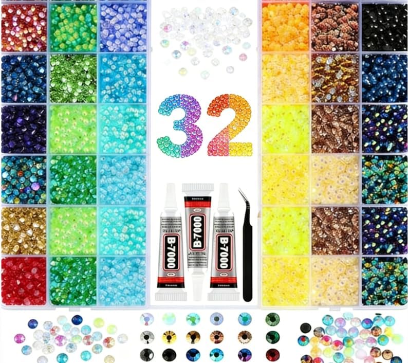 32000Pcs Resin Jelly Rhinestones Set, 24 Colors 3MM(SS12) Flatback Rhinestones with B-7000 Glue, Tweezers and Picker Pen, for Nail Art, DIY Crafts, Phone Case Decorations