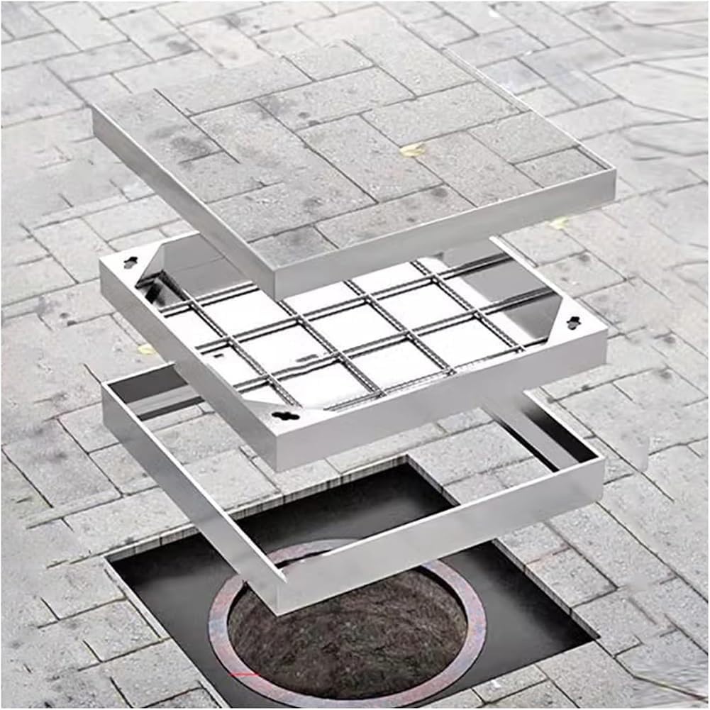 Tapa De Sumidero De Acero Inoxidable, Tapas De Sumidero Metálicas Con Llave, Pavimento Decorativo Interior Jardín,Plata,40x40x5cm
