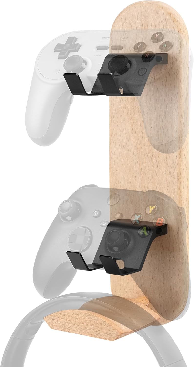 3-in-1 Wall Mount Gaming Controller & Headphone Holder Compatible with PS5/ PS4/ PS3/ Xbox One/Switch Pro/ 8BitDo Pro 2, Space-Saving Gaming Accessories (Light Brown)