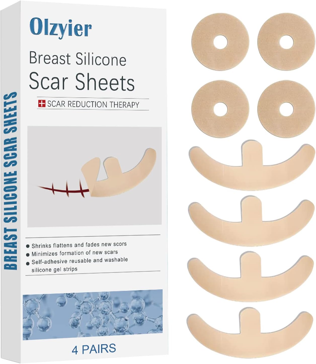 Silicone Scar Sheets for Breast - 4 Pairs Invisible Surgical Scars Removal Tape - Breast Scar Removal Management for Scars Reduction & Recovery